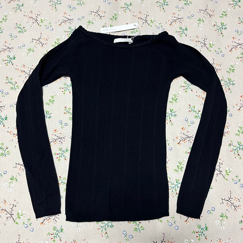 One Grey Day Boatneck Rib Sweater Cotton Cashmere Braided Black Small Minimalist